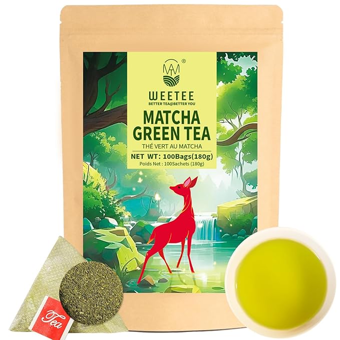 WT WEETEE Matcha Green Tea Bags, 100 Count Corn-fiber Pyramid, Antioxidant-Rich | Natural Energy, Easy & Quick to Brew for Cold or Hot, Matcha + Sencha Green Tea