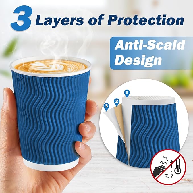 SIUQ 90 Pack 12 oz Disposable Coffee Cups with Lids and Straws, Insulated Ripple Wall To Go Paper Coffee Cups for Coffee, Hot Chocolate and Hot Tea Drinks - Navy