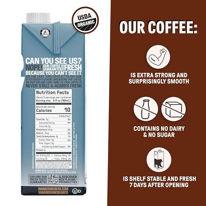 Wandering Bear Organic Vanilla Cold Brew Coffee - Extra Strong, Bold, Smooth, Unsweetened, Shelf-Stable, Ready to Drink, Gluten Free, & Vegan Iced Cold Brewed Coffee Drink - 32 fl oz, 6 pack