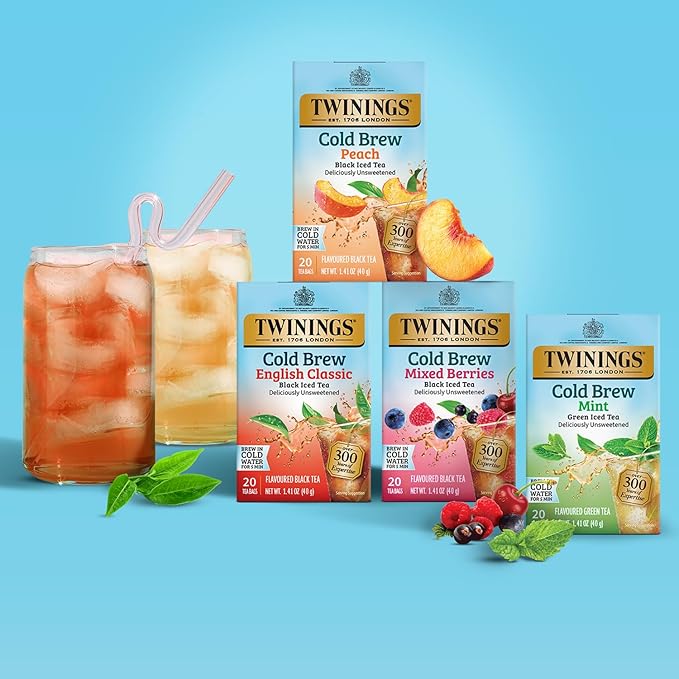 Twinings Peach Cold Brew Iced Tea Bags, 20 Count (Pack of 2), Unsweetened Flavoured Black Tea, Caffeinated, 20 Teabags