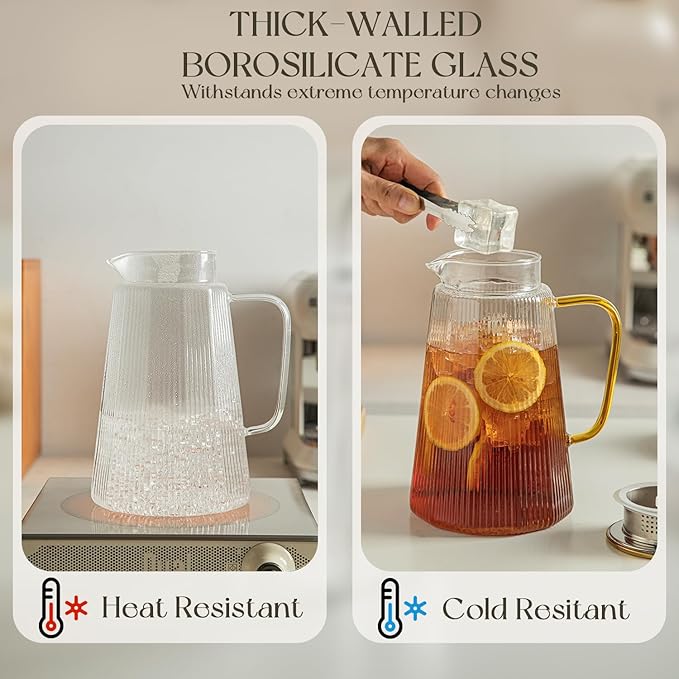 2PCS Ribbed Glass Pitcher Set – 71oz Heat-Resistant Beverage Jugs with Lid for Water, Iced Tea, Juice, Coffee – Large Borosilicate Carafes for Hot & Cold Drinks, Elegant Serving Pitchers (Clear-2PCS)