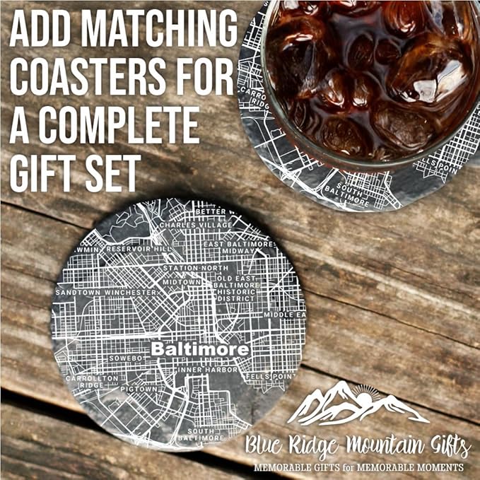 Blue Ridge Mountain Gifts - Baltimore Souvenir - Maryland Glassware Gift, Etched City Map, Laser Engraved and Dishwasher Safe