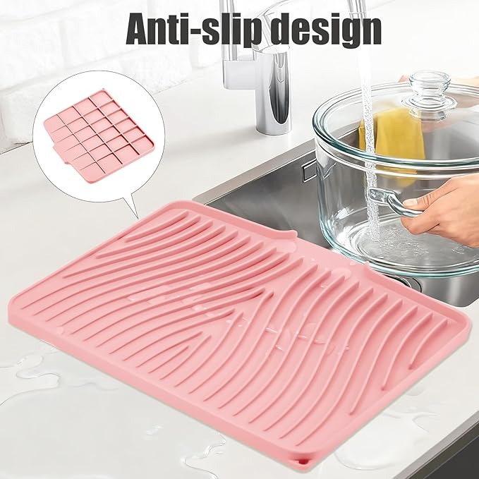 Silicone Dish Drying Mat for Kitchen Counter, Dish Drying Pad, Non-Slip Drain Pad with Built-in Drain, Heat Resistant Stone Drying Mat(15.8" x 13", Pink)