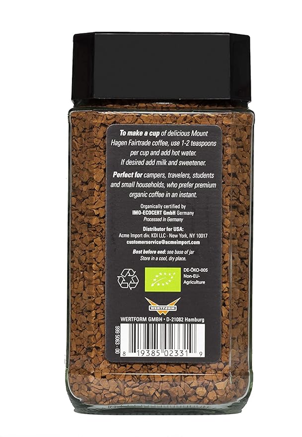 Mount Hagen 3.53oz Organic Freeze Dried Instant Coffee - 12 pack | Eco-friendly Coffee Made From Organic Medium Roast Arabica Beans | Fair-Trade Coffee Instant [12 x 3.53oz Jar]