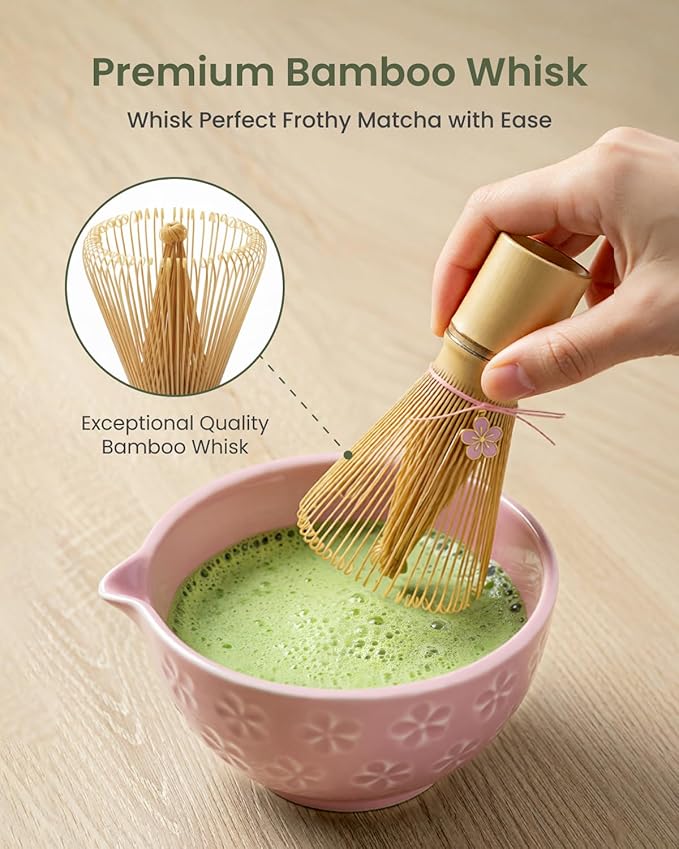 Matcha Whisk Sets 7 Pcs Includes Ceramic Bowl, Bamboo Whisk, Scoop, Sifter, Whisk Holder, Scoop Rest & Tea Towel | Japanese Matcha Ceremony Gift Set for Matcha Lovers (Pink)