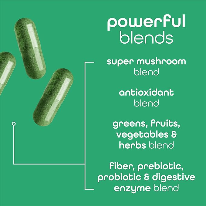 Zena Nutrition Organic Super Greens Fruit & Veggies Supplement, 70+ Superfoods from Fruit & Vegetables, Spirulina, Chlorella, Prebiotics & Probiotics, Digestive Enzymes for Gut Health, 180 Capsules