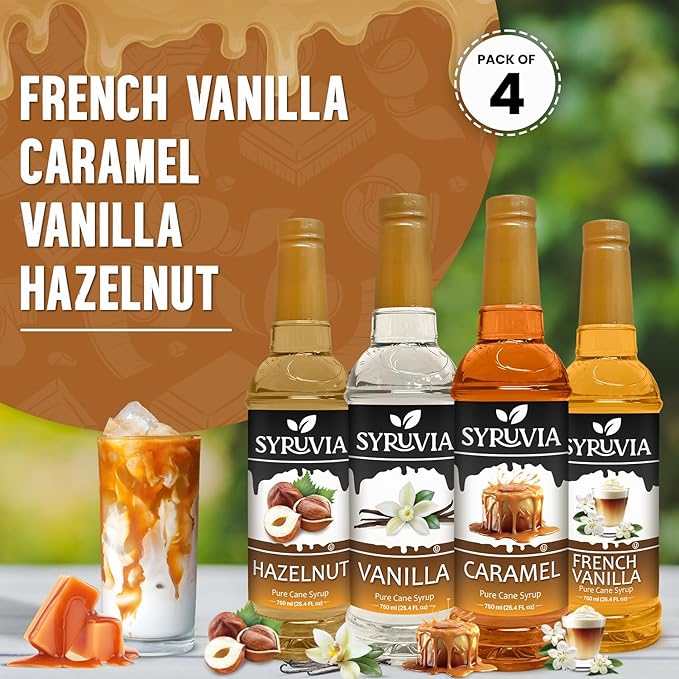 Syruvia Syrup Coffee Flavors Variety Pack: Caramel, French Vanilla, Vanilla & Hazelnut - 25.4 fl oz bottles - Elevate Your Coffee Experience! (Pack of 4)