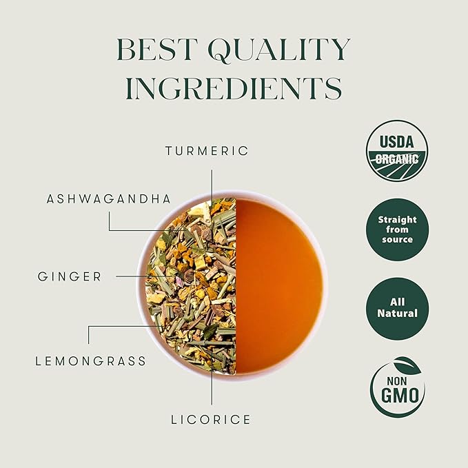 Luxmi Estates Astounding Ashwagandha Tea, 50 Tea Bags, with Ashwagandha, Turmeric, Ginger, Lemongrass & More, for Stress Relief, Calming, and Relaxing
