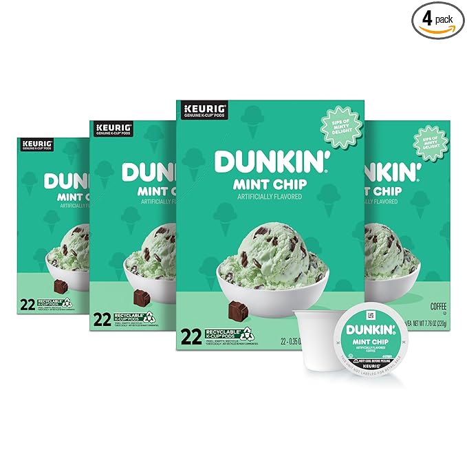 Dunkin’ Mint Chip Artificially Flavored Coffee, Keurig K-Cup Pods, 22 Count Box (Pack of 4)