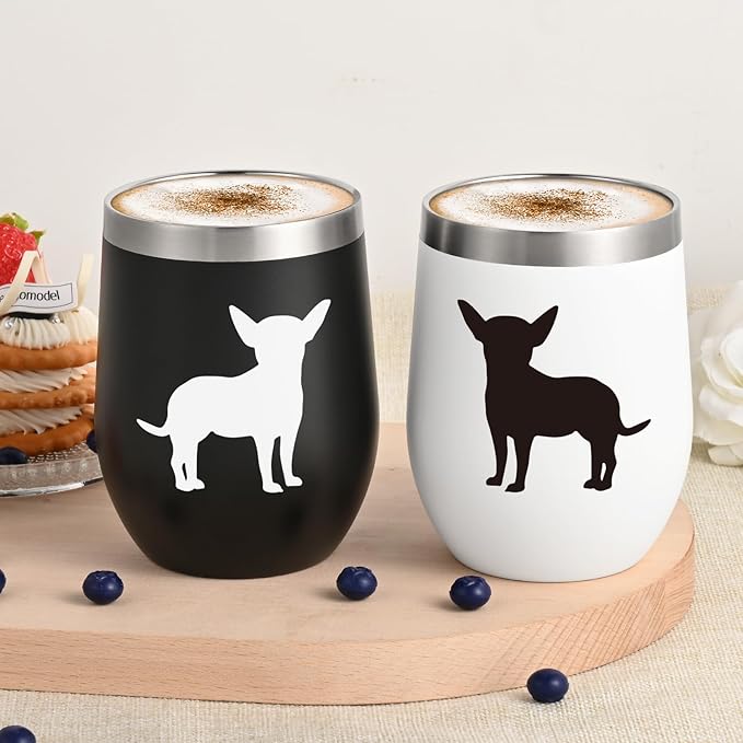 Lifecapido Chihuahua Gifts, Chihuahua Silhouette 12oz Stainless Steel Wine Tumbler Set of 2, Birthday Gifts Christmas Gifts for Dog Lovers Dogs Parents Dogs Mom Dog Dad, Black and White