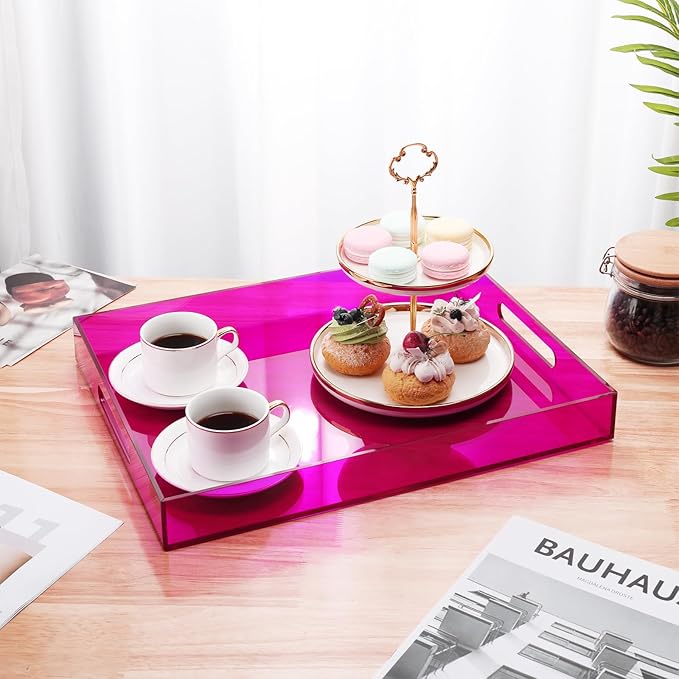 Large Acrylic Tray Ottoman Coffee Table Tray with Handles 17x13'' Decorative Serving Platter for Food Tea Dinner Snack Eating Bar Party, Purple