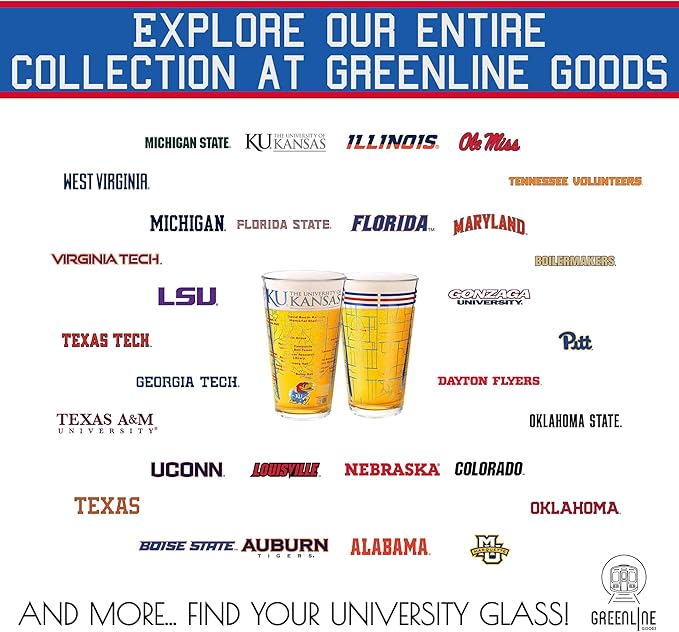 Greenline Goods – University of Kansas Jayhawks College Pint Beer Glasses (Set of 2), 16 oz – Full-Color Logo + Campus Map