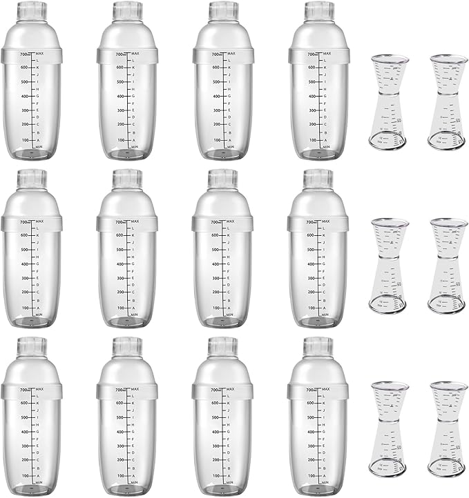 12 Pcs Plastic Cocktail Shaker with Scales and Strainer Top, Clear Drink Mixer Cup with Measurements for Tea, Coffee, Boba, and Milk, with 6 Cocktail Measuring Jiggers(700 Cc/ 24 oz)