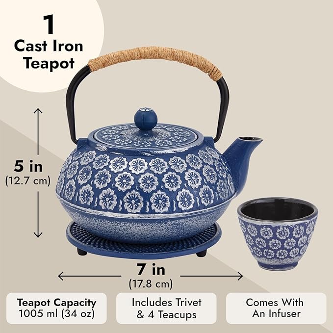 Juvale Japanese Cast Iron Teapot with Infuser - Enhanced Heat Retention in Cast Iron Kettle - Includes Stainless Infuser Basket & Trivet for Teapot Filter Set - 32 Oz, Blue