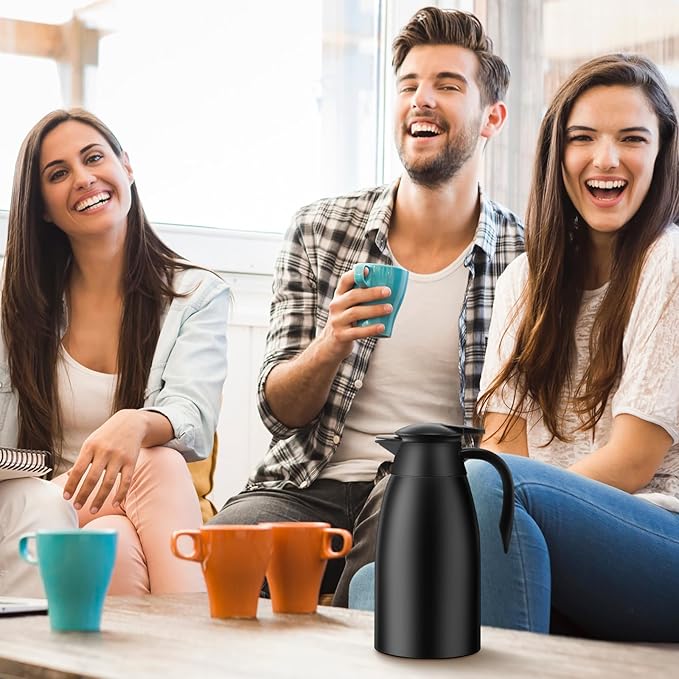 2 Pcs 51 oz Thermal Coffee Carafe for Keeping Hot Insulated Stainless Steel Vacuum Thermal Pot Flask Double Walled Vacuum Coffee Carafe for Beverage Water Tea, 12 Hot 24 Hours Cold(Black)