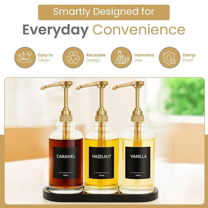 Syrup Pump for Coffee Syrup Bottles – 4-Pack Dispenser Pumps Fits 750ml / 25.4 oz Flavoring Syrup Bottles – Compatible with Torani & More – Gold Coffee Syrup Dispenser Pump for Home & Cafe Use.