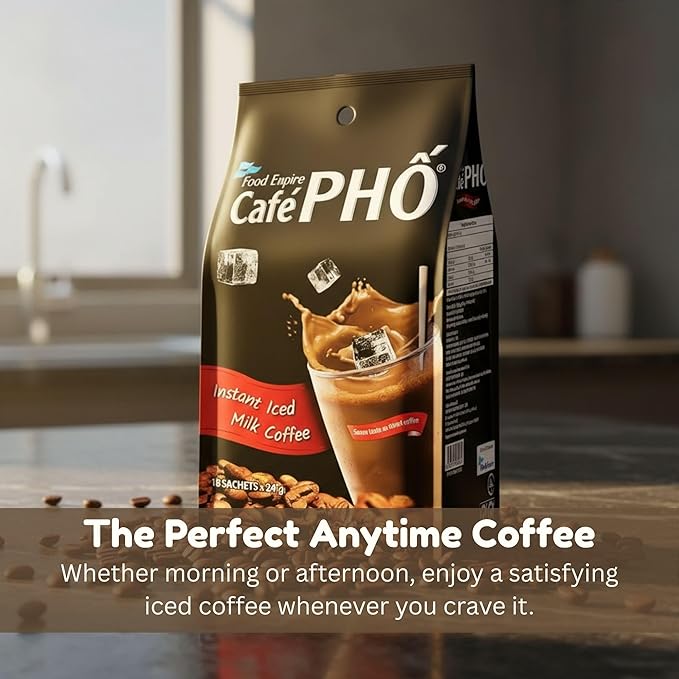 Cafe Pho Vietnamese 3in1 Instant Coffee Mix, Iced Milk Coffee, Cafe Sua Da, Single Serve Coffee Packets, Bag of 18 Sachets, Pack of 1-15 Months Shelf Life