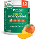 Zena Nutrition Organic Super Greens Powder, 70+ Superfoods, 0 Sugar, 3G Fiber, Spirulina, Chlorella, Mushrooms, Prebiotics/Probiotics, Digestive Enzymes for Gut Health, Mango, 30 Servings