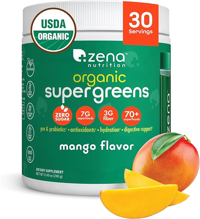 Zena Nutrition Organic Super Greens Powder, 70+ Superfoods, 0 Sugar, 3G Fiber, Spirulina, Chlorella, Mushrooms, Prebiotics/Probiotics, Digestive Enzymes for Gut Health, Mango, 30 Servings