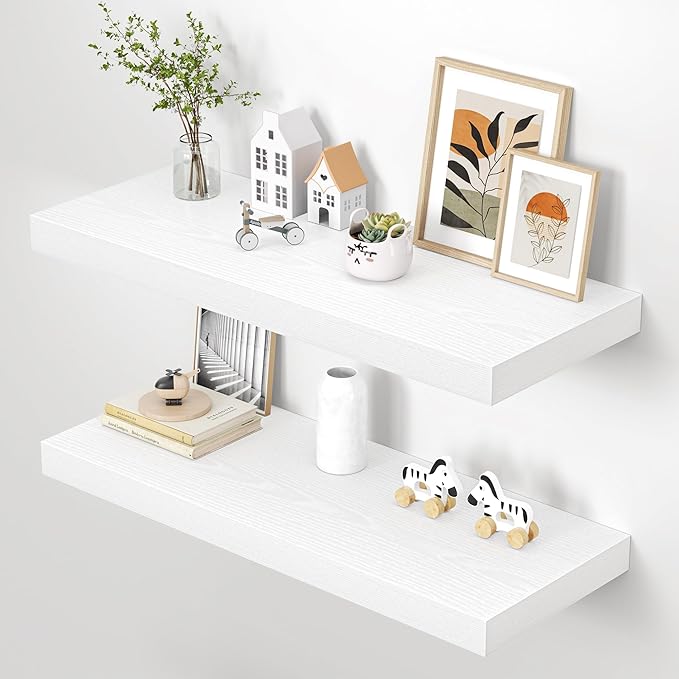 Dreamland 36" Floating Shelves for Wall, 12" Deep Thicker White Floating Shelves, Wall-Mounted Shelves for Bedroom, Living Room, Kitchen, Bathroom - Set of 2