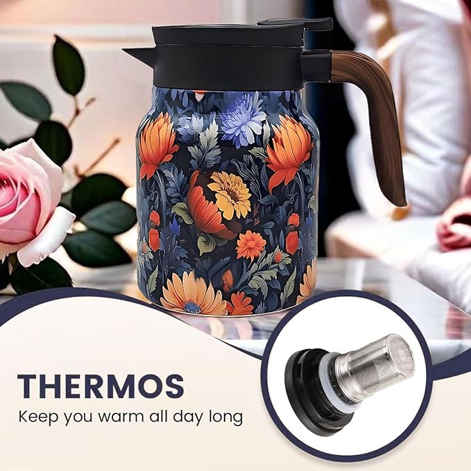 Vintage Pattern Coffee Carafes, 35 Oz/1 Liter - Hot and Cold with Infuser, Perfect for Parties/Home Use (Blooming Flowers)