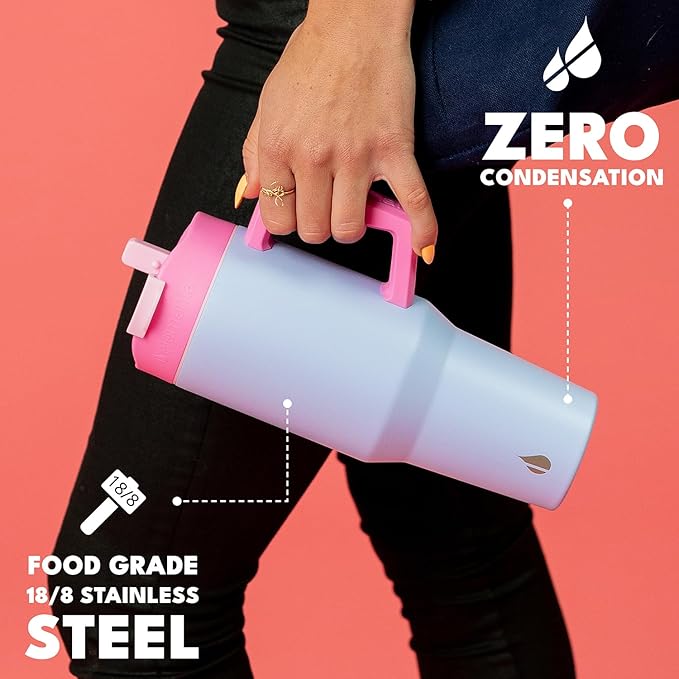 Elemental 32 oz 100% Leak Proof Tumbler with Handle & Straw - Stainless Steel Double Wall Insulated Tumbler for Hot and Cold Beverages - Travel Coffee Mug with Sip & Straw Lid - Lilac Tie Dye