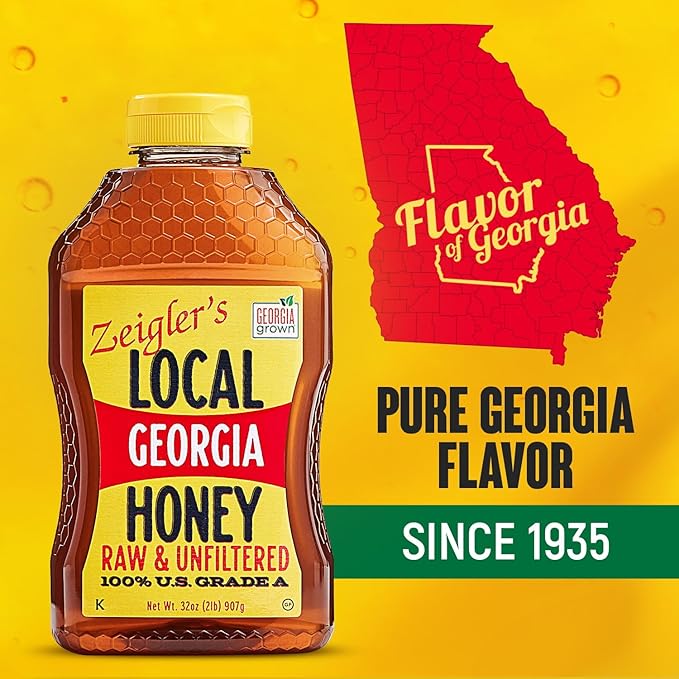 Zeigler's Local Georgia Award Winning Honey – All Natural, Pure, Raw, & Unfiltered Georgia Honey, 32 oz Squeeze Bottle – For Tea, Yogurt, Parfaits, Toast, and Cornbread