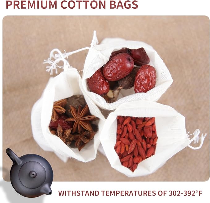 YICHEN 50pcs Empty Spice Bags for Cooking Soup,White Small Tea Filter Bags with Drawstring,Cotton material,Unbleached Muslin Bags for Coffee,Tea,Soup etc. 4 x 3 inch.