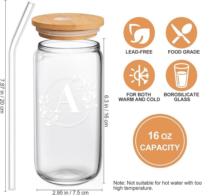 Birthday Gifts for Women, Monogrammed Initial Glass Cup Personalized Gifts for Women, 16oz Glass Cups with Lids and Straws, Iced Coffee Cup, Beer Can Shaped Glass - Gifts for Christmas, Birthday, A