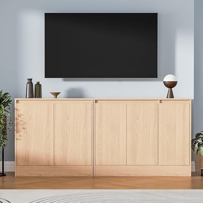 Buffet Cabinet with Storage, Coffee Bar Cabinet with 3 Doors and Adjustable Shelf, Modern Kitchen Buffet Sideboard for Living Room, Kitchen, Oak
