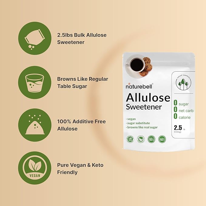 NatureBell Allulose Sweetener, 2.5 Lbs | Keto & Vegan-Friendly, White Sugar Substitute | 0 Calorie, 0 Sugar, 0 Net Carb, Non-Glycemic, Browns Like Table Sugar | Bulk Supply for Baking & Beverages