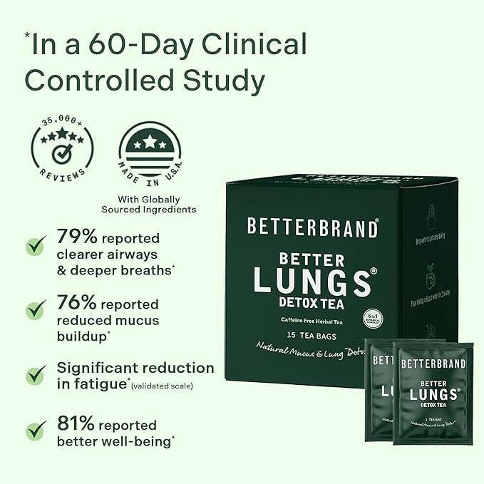 Betterbrand Mullein Tea Bags for Lung Detox - Respiratory Support with Thyme, Elderberry, Ginseng, Ginger, Caffeine Free Herbal Blend - 15 Tea Bags (Pack of 1)