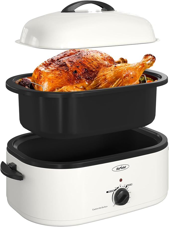 Sunvivi Electric Roaster,20 Quart Roasting Oven with Self-Basting Lid Removable Pan,Turkey Roaster Oven with 150 to 450F Temperature Control Cool-Touch Handles,White