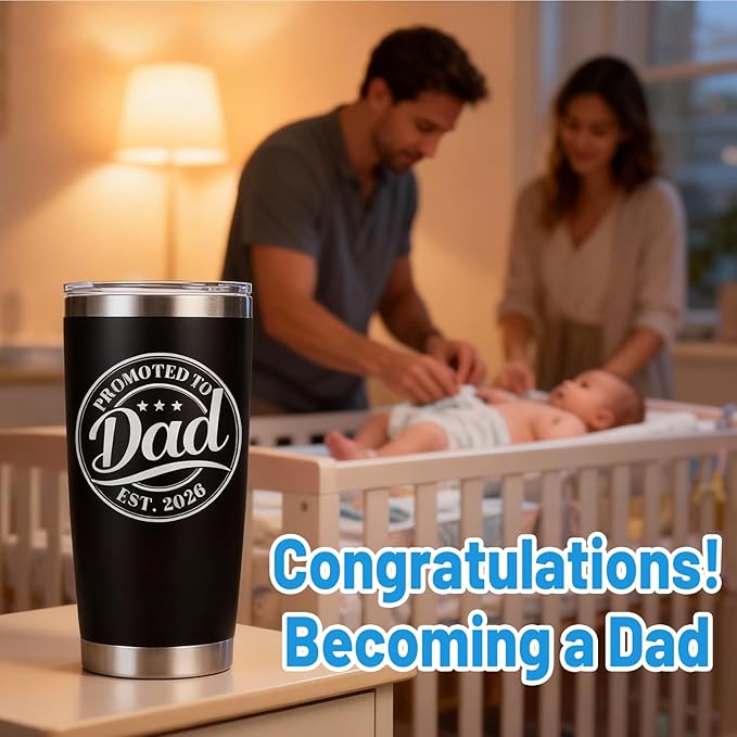 Promoted to Dad Est. 2026 Tumbler - New Dad Christmas Gifts, Gifts for First Time Father, New Father to Be, 20oz Stainless Steel Insulated Tumbler with Lid, Husband Gift from Wife, Black
