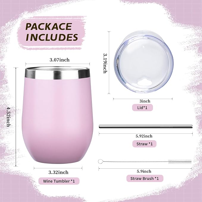 12oz Stemless Wine Tumbler with Lid Double Wall Insulated Wine Cup Stainless Steel Glasses Tumbler with Straw Insulated cocktail Tumbler Coffee Mug for Hot and Cold Beverages (Multicolor-2,4Pack)