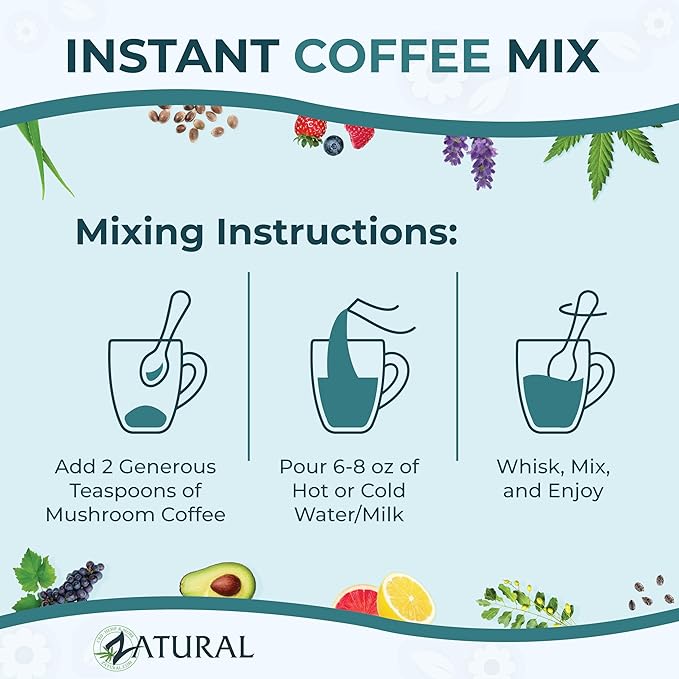 Zatural Mushroom Coffee, 125 Servings Instant Natural Black Blend with Lion's Mane, Chaga, Cordyceps, Turkey Tail, Shiitake, Reishi, 1 Pound