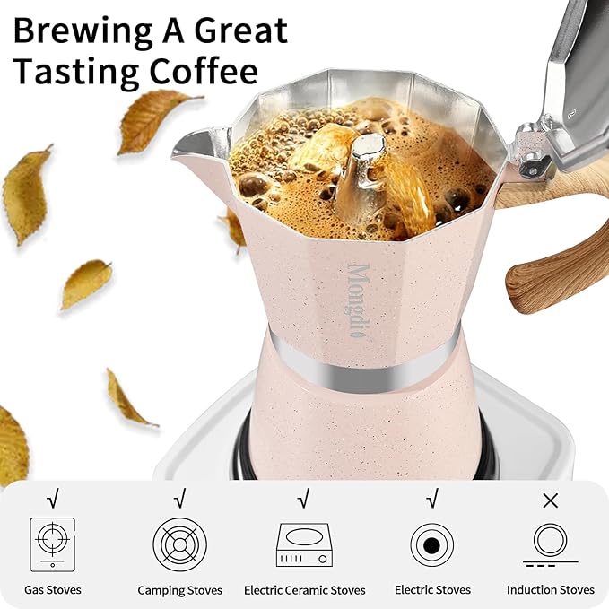Mongdio Stovetop Espresso Maker Moka Pot, Cuban Coffee Maker Stove top coffee maker Moka Italian Espresso Greca Coffee Maker Brewer Percolator, 9 Espresso Cups, 15 oz - Pink