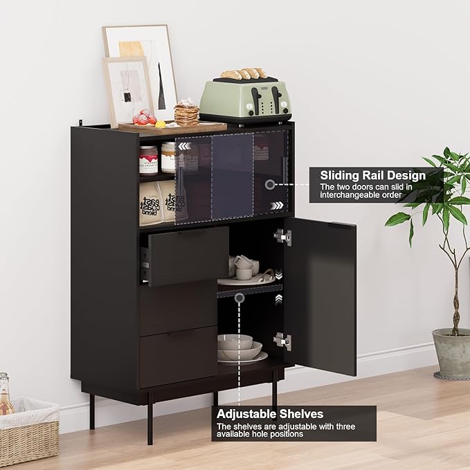 MEISSALIVVE Sideboard Cabinet, 31.5" x 45" Buffet Cabinet with Storage, Black Sideboard with 2 Sliding Doors & 3 Drawers, Coffee Bar Modern Entryway Storage for Living Room, Bedroom, Kitchen
