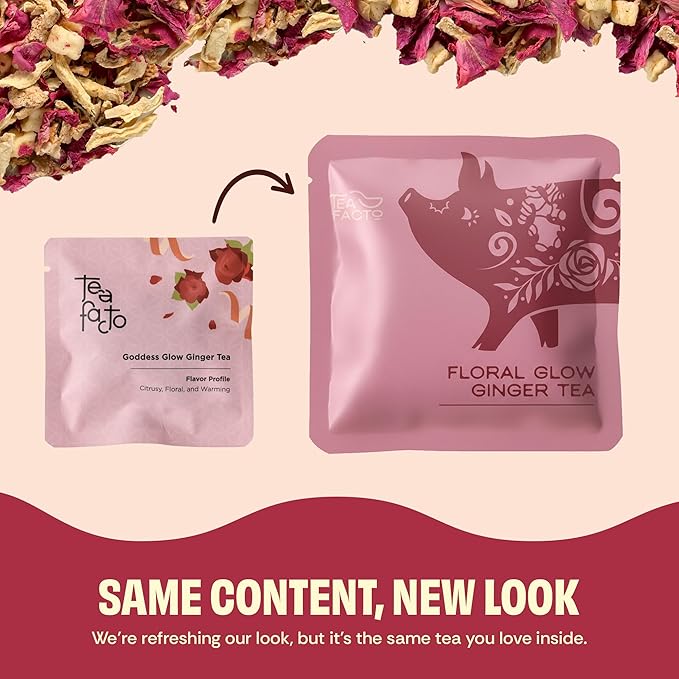 Tea Facto Goddess Glow* Ginger Tea Bags with Dried Ginger Roots, Tangerine Peels, Rose Petals, Dried Apples - Natural Fiber, Zero Added Sugar, Zero Caffeine - 10 Count