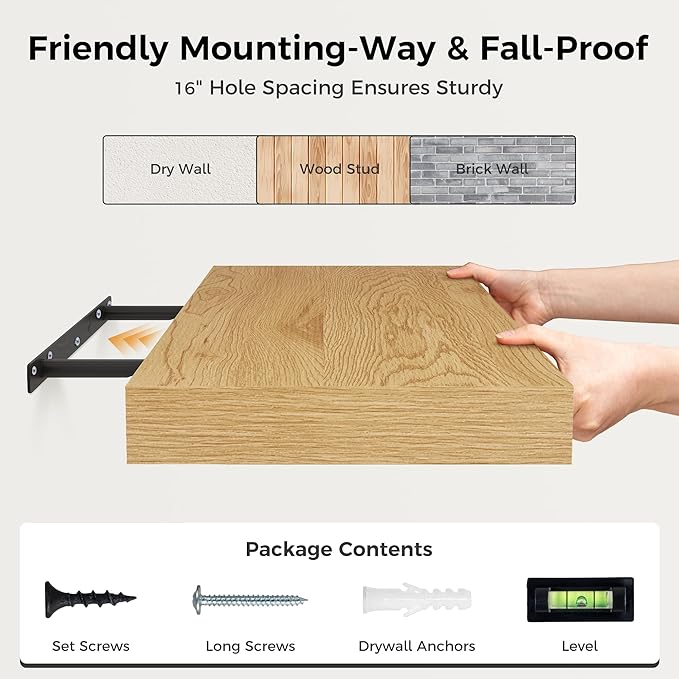 Fun Memories 12 Inch Floating Shelf, Rustic Wood Wall Shelves for Wall Decor & Storage, 12 x 12 Floating Shelf for Living Room, Bathroom, Bedroom, Oak, Set of 2