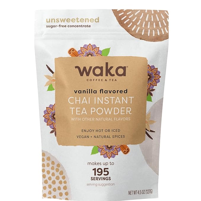 Waka Vanilla Chai Tea Powder Mix - 100% Tea Leaves from India, Natural Spices, Unsweetened Vegan Tea Powder - No Sugar, No Additives, Up to 195 Cups (4.5oz Pouch, 195 Servings)