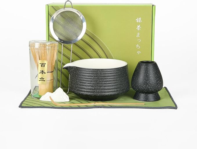 Matcha Whisk Set, Ceramic Matcha Bowl with Spout, Bamboo Whisk, Scoop, Holder, Sifter, Tea Towel, 7-Piece Matcha Kit for Making Breakfast/Latte