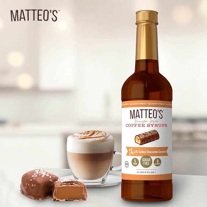 Matteo's Salted Chocolate Caramel Syrup for Coffee, Lattes, Cappuccinos & Desserts – Sugar-Free Sweetener for Beverages, Keto Friendly, Zero Calories, Indulgent Flavor, Non-Alcoholic, 33.8oz (6pk)