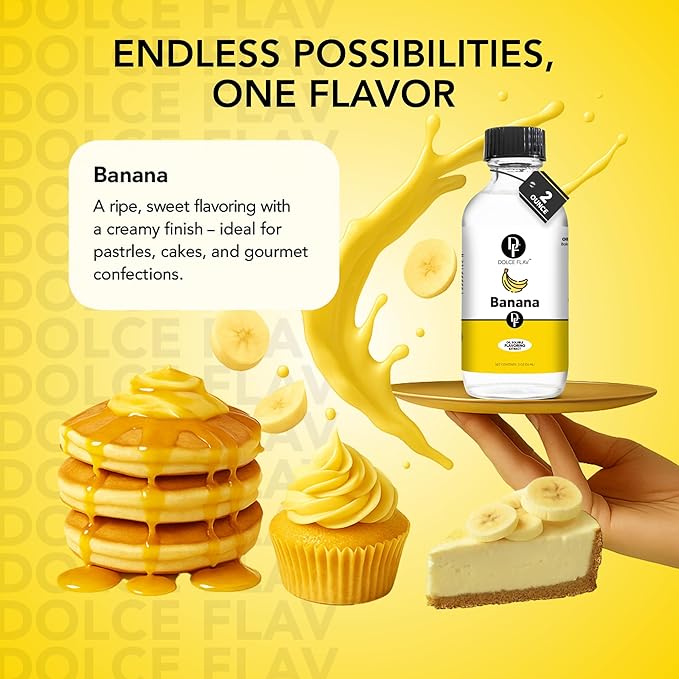 Dolce Flav Banana Extract – 2 Ounce Oil-Soluble Kosher, Sugar-Free, Concentrated Ripe Banana Flavoring for Baking, Smoothies & Ice Cream, Includes Measured Dropper, Pack of 2
