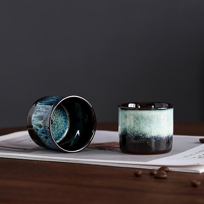 Japanese Tea Cups Set of 6 Ceramic Tea Cups, 2.5 Ounces Ceramic Cups, Matcha Cups(magic blue exterior)