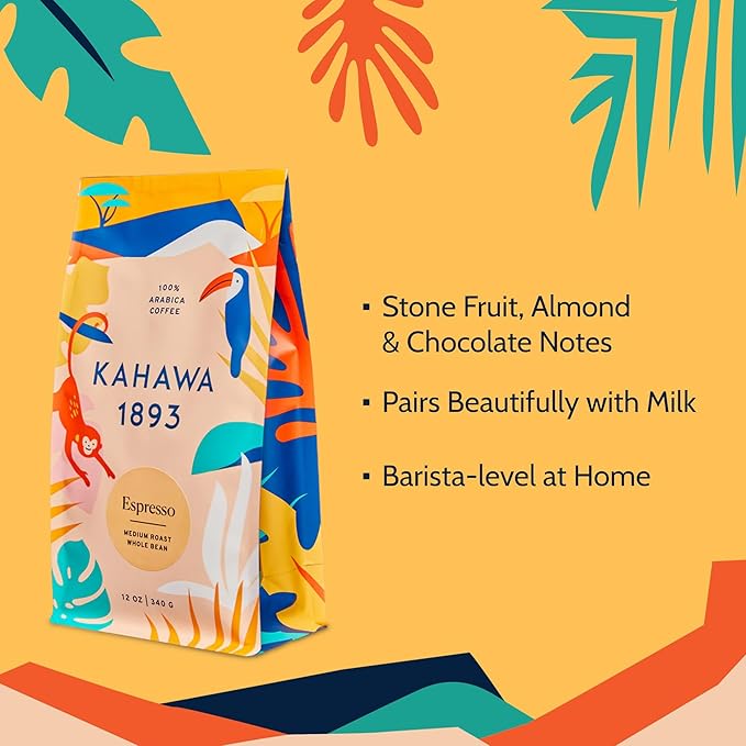 Kahawa 1893 Whole Bean Coffee Medium Roast 1893 Espresso Blend 12 Oz - As Seen on Shark Tank, Naturally Sweet, Organically Grown, Ethically & Sustainably Sourced