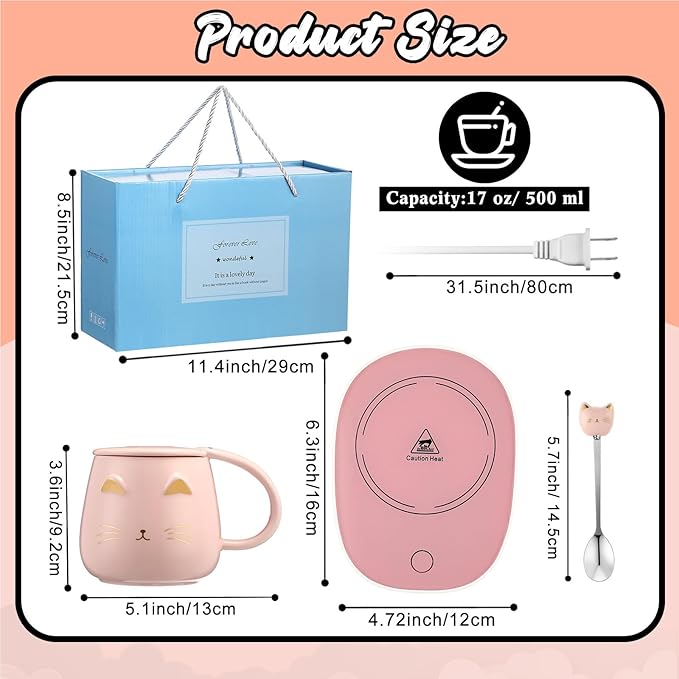 Cat Coffee Cup Warmer Coffee Warmer with Mug for Women Electric Coffee Mug Heater Temperature Control Ceramic Cute Cat Smart Coffee Warmer for Office Christmas Birthday Gift (Pink)