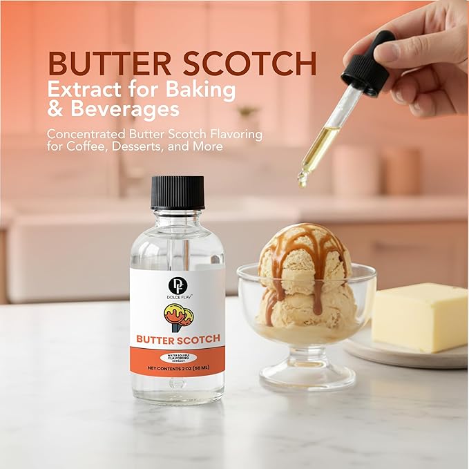 Dolce Flav Natural Butterscotch Extract 2 oz – Kosher, Sugar-Free, Concentrated Rich Butterscotch Flavoring for Baking, Beverages & Desserts, Includes Measured Dropper