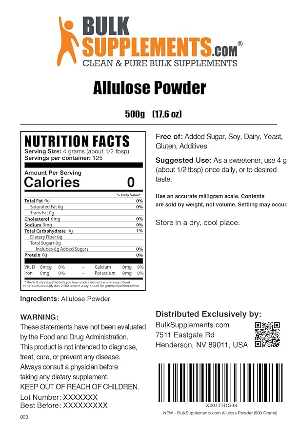 BulkSupplements.com Allulose Powder - Allulose Sweetener, Sugar Substitutes for Baking, Sugar Alternative - Pure & Gluten Free, 4g per Servings, 500g (1.1 lbs) (Pack of 1)