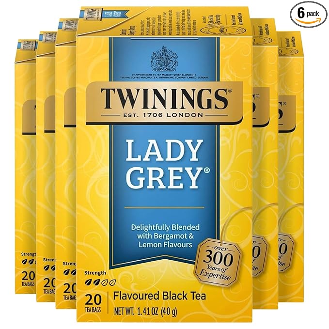 Twinings Lady Grey Black Tea Individually Wrapped Bags, 20 Count (Pack of 6), Orange & Lemon Peel with a Hint of Bergamot, Caffeinated, Enjoy Hot or Iced, 120 Teabags